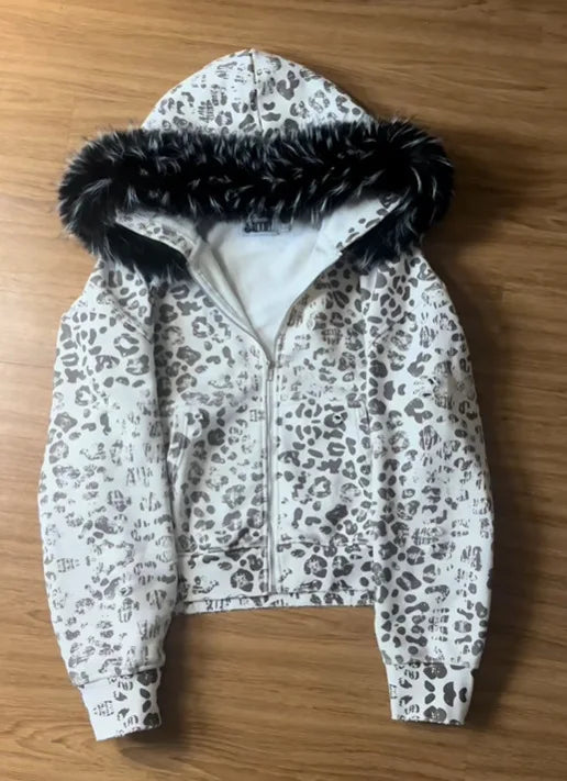 Autumn and winter fuzzy collar retro men's and women's personalized street fashion printed hooded zipper sportswear