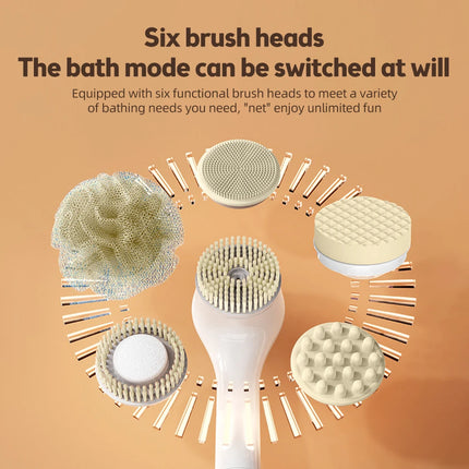15W Smart Body Brush Electric Body Scrubber 360° Rotating Cordless Exfoliating Bath Brush 3 Gears 6-in-1 Shower Brush Heads