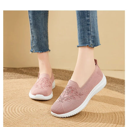 Women's Fashion Vulcanised Trainers 2025 Round Toe Breathable Flower Mesh Casual Flat Slip-On Women's Casual Vulcanised Shoes