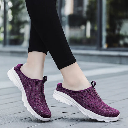 Women's Ultra Light Oversized Running Shoes, Fashionable Fly Woven Breathable Mules Sports Sneakers Plus Size 35-42