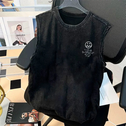 Personalized pure cotton printed retro washed American T-shirt summer vest men s sleeveless loose clothing high quality