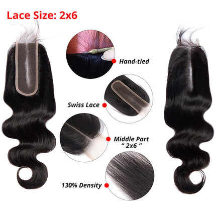 Body Wave 2x6 Closure Human Hair Transparent 2x6 Lace Closure Hair Extensions for Women Straight Hair Natural Color Pre Plucked