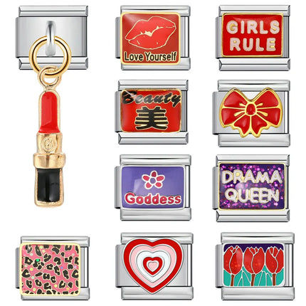 Classic Lipstick Rose Queen Women's Day Gift Italian Link fit 9mm Stainless Steel Making Bracelet DIY Fashion Charm Jewelry