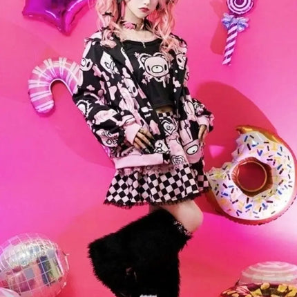 Harajuku Style Violent Bear Hoodie Sweatshirt Streetwear Loose Fit Long Sleeve Cartoon Anime Print Cutesy Boring Sweet Cool