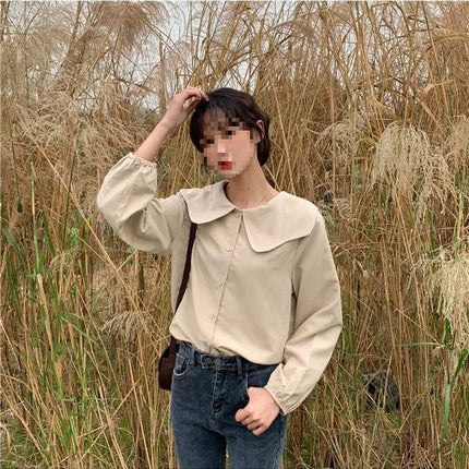 Casual Base Layer Top Autumn Collection Fresh Korean Style Doll Collar New Model Long Sleeve Shirt Women's Top