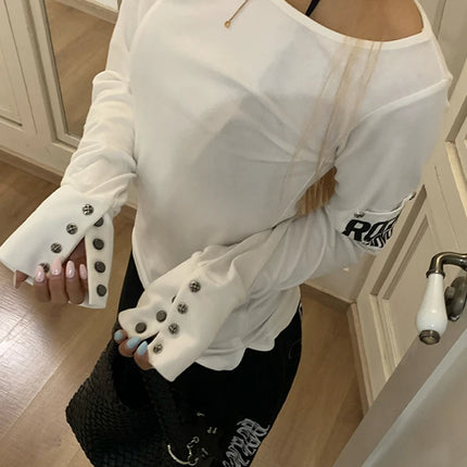 Tonngirls American Retro Print T-shirt Women Long Sleece Button Graphic Tops Y2k Tops 2000s Japanese Grunge Tops E-girls Autumn