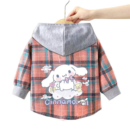 Spring and Autumn Children's Sanrio Cinnamoroll Shirts 1-12 Year Girls Checkered Hooded Blouse Fashion Cartoon Shirt Sweater