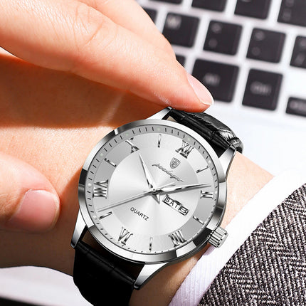 POEDAGAR Classic Luxury Men's Wristwatch Date Week Leather Business Man Watch Waterproof Luminous Fashion Quartz Watches For Men