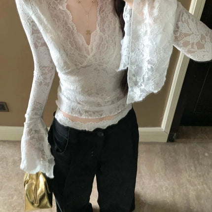 Sexy V-Neck Sheer T-Shirts Fashion Women Flare Long Sleeve Spring Lace Slim Pullovers Tops Casual Evening Party Club Chic Tees