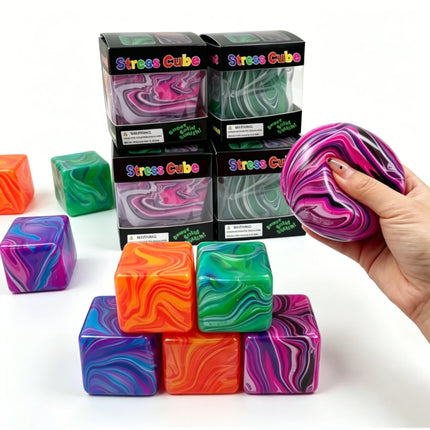 Stress Cube Squishy Gel Ball Marble Swirl Slow Rebound Soft Stretch Squeeze Fidget Sensory Decompression Anxiety Relief Toy.