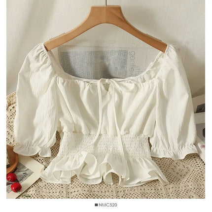 French Style Bubble Sleeve Shirt Women's Short Sweet Sensation Waist Cinched One Shoulder Top Polyester Blend Regular Sleeve