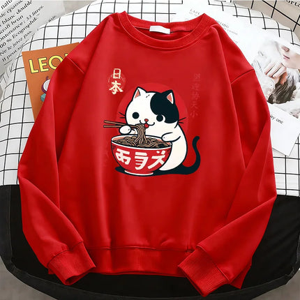 Funny Japanese Cat Eat Ramen Hoodies Fleece Sweatshirt Soft O-Neck Pullover Casual Female Clothes Autumn Spring