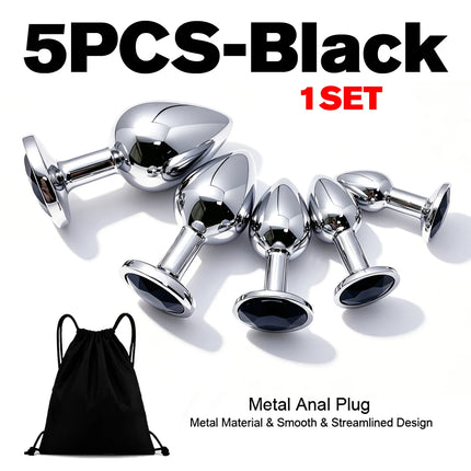 5 Size Black butt plug Metal anal plug Jewelry base beginner to expert G-point massage dildos adult women toys adult men toys