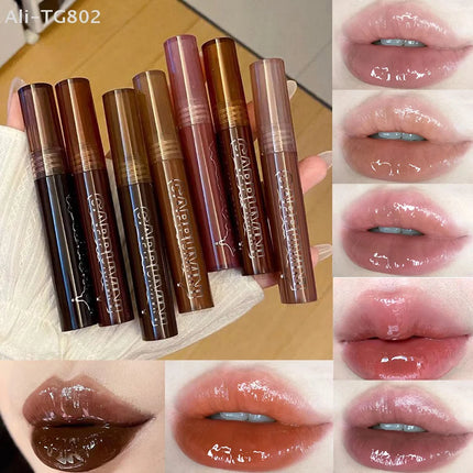 Cappuvini Punk Dark Brown Mirror Water Lip Gloss Waterproof Long-Lasting Liquid Lipstick Tint Red Glaze Transparent Glass