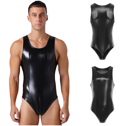 Mens Wet Look Faux Leather Tank Leotard Glossy Sleeveless High Cut Bulge Pouch Bodysuit Latex Wrestling Singlet Clubwear