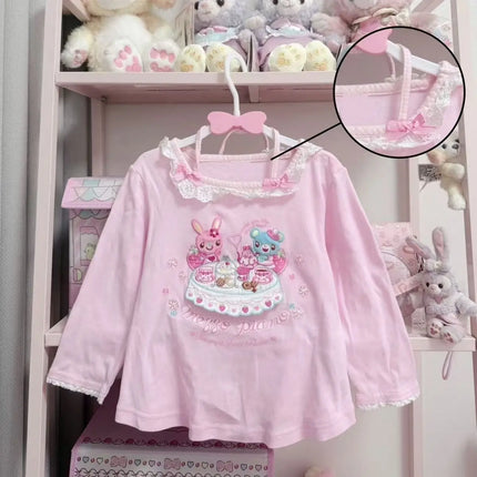 Japanese Kawaii Cartoon Graphic Print T-shirts Women's Pink Sweet Lace Stitching Tops Subculture Harajuku Tees Cute Bow Clothing