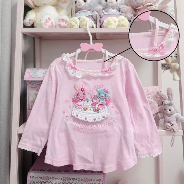 Japanese Kawaii Cartoon Graphic Print T-shirts Women's Pink Sweet Lace Stitching Tops Subculture Harajuku Tees Cute Bow Clothing