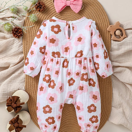 Baby Girls Cotton Soft Spring/Fall Long Sleeve Print Floral With Bow Jumpsuit Honey Cute Clothes +Headband