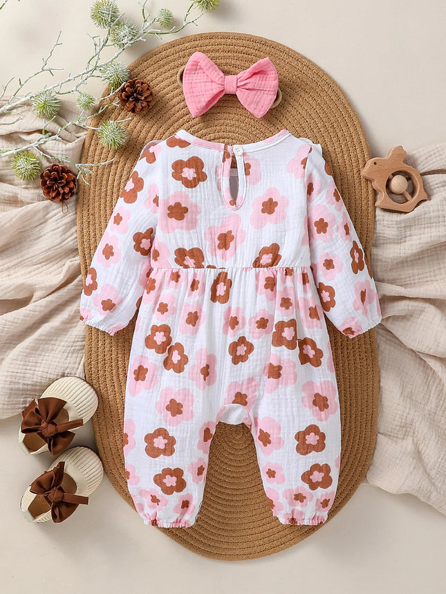 Baby Girls Cotton Soft Spring/Fall Long Sleeve Floral Print Jumpsuit with Bow Honey Cute Clothes + Headband
