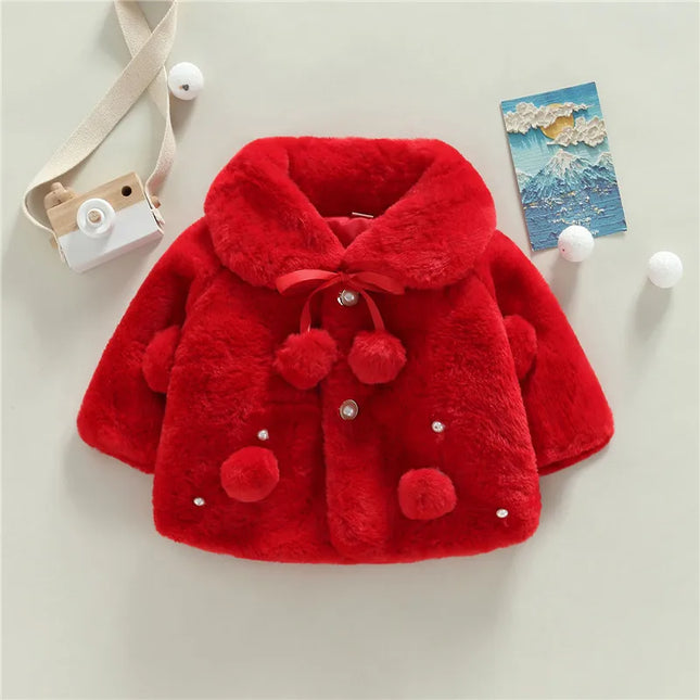 0-18months Baby Girl Winter Jacket Solid Color Wide Lapel Long Batwing Sleeve Fur Coat For Girl Pearl Decoration Snow Wear Cloak