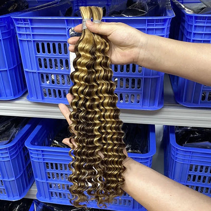 Human Braiding Hair for Boho Braids 50g/Pack Highlight Deep Wave Bulk Human Hair 4/27 Ombre Knotless Braiding Hair Extensions