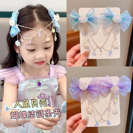 Baby Mermaid Princess Hair Clip - Pearl Tassel Bow Forehead Chain for Girls, Cute Children's Hair Accessories