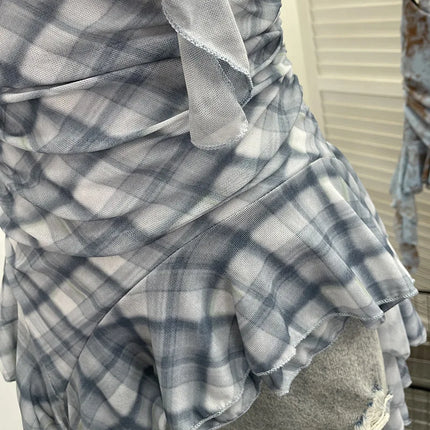 Women's Vintage Tie-dye Printed Mesh Spaghetti Strap Camisole Hot Girl Irregular Ruffled Ribbon Sleeveless Top Partyclub 1185