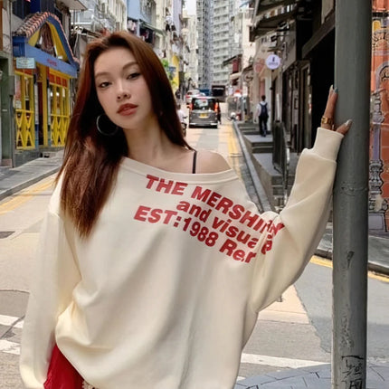 Y2k Sexy Oversize T shirt Women Streetwear Txt Print Long sleeve Basic Top Lady Fall Winter Korean One shoulder Sweat Shirt