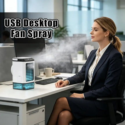 Mini Air Conditioner Fan Portable USB Desktop Cooling Fan with Dual Spray Humidifier 900mL Water Tank 3 Speeds Quiet Air Cooler