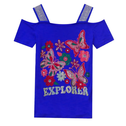 Summer Streetwear Fashion Women's T-shirt Luxury Design Butterfly Hot Diamonds Tee Sexy Off Shoulder Girls Tops European Clothes