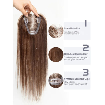 100% Human Hair Toppers Brown Highlight Hairpieces Middle Part Women Hair Topper with Lace Base Clip in Hair Extensions Natural