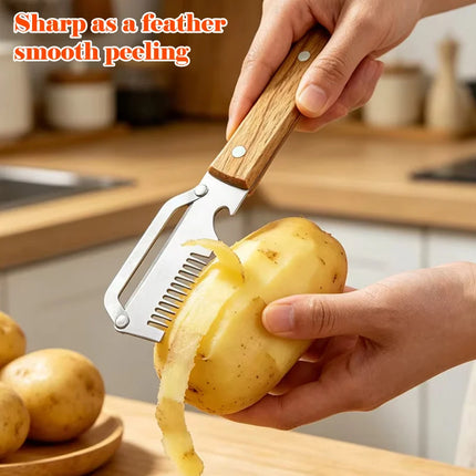 3-in-1 Serrated Peeling Knife  Premium Vegetable Peeler With Wooden Handle And Bottle Opener Kitchen Tool Smooth Operation