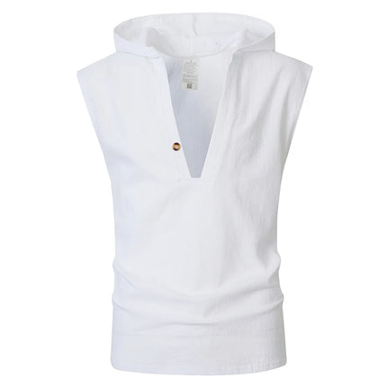 2026 New Men Sleeveless Hooded Tank Top Casual V Neck Button Shirt Summer Daily Beach Travel Vacation Loose Fit Tee