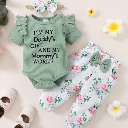Newborn Baby Girl 3PCS Clothes Set Letters Short Sleeve Romper+Flowers Pant+Bowknot Headband Summer Lovely Outfit