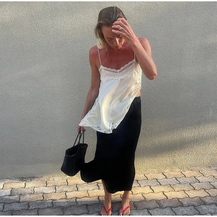 Women Lace Patchwork Sling Top Sexy V-neck Sleeveless Side Split Solid Color Vest 2025 New Summer Lady Party Vacation Tops