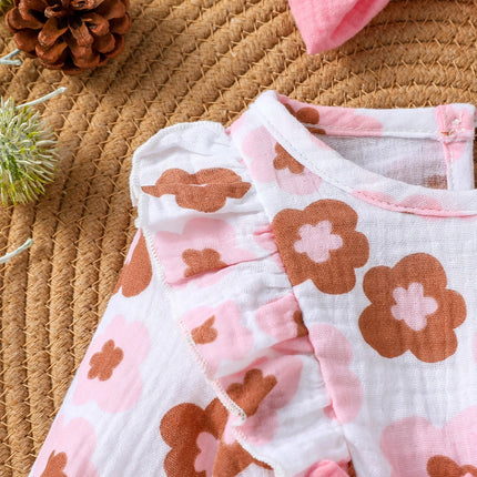 Baby Girls Cotton Soft Spring/Fall Long Sleeve Print Floral With Bow Jumpsuit Honey Cute Clothes +Headband