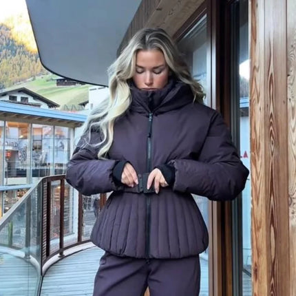 Women Peplum Ski Jackets Hooded Stand Collar Belt Waist Zipper Solid Puffer Jacket Fashion Sheath Warm Sport Winter 2025 Skiwear