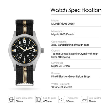 Militado ML05 38mm Military Watch Miyota 2035 Movement Domed Sapphire Crystal C3 Green Luminous 10Bar Waterproof Vintage Watches