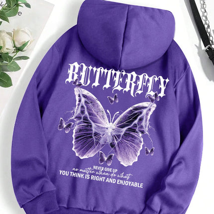 Beautiful Purple Butterfly Printing Hoodies Women Fleece Pocket Hoody Simple Casual Hoodie Autumn Loose Female Streetwear