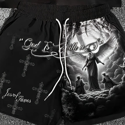Summer Men's Angel Christ Printed Comfortable Breathable Round Neck T-shirt Shorts Taochuang Outdoor Casual Fashion Clothing
