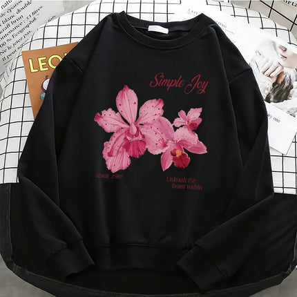 Retro Floral Gothic Womens Solid Hoodies Basic Warm Fleece Sweatshirt Soft Y2k O-Neck Pullover Casual Female Clothes