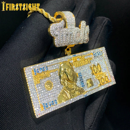 Iced Out Bling Time Is Money Pendant Necklace Silver Color Cubic Zirconia Us Dollar Cash 100 Letter Charm Hip Hop Men Jewelry