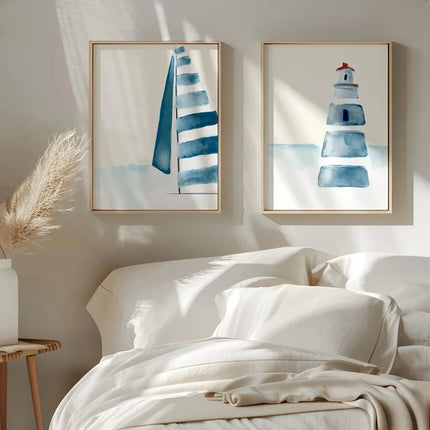 2 Pieces of Frameless Canvas Posters,Blue Watercolor Style,Summer Beach Art Poster Printing,Modern Ideal Home Wall Decor Gift