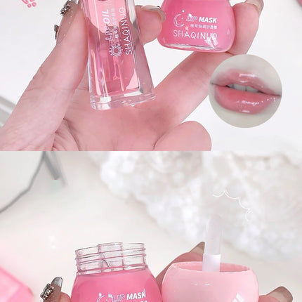 Strawberry Lip Balm & Lip Oil Set Clear Glass Moisturizing Lightweight Hydrating Jelly Day & Night Lip Mask Set Makeup Lips Care