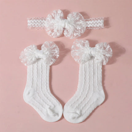 3-12M Newborn Baby Girls Socks Headband Set Cute Breathable Knit Bow Princess Dress Socks for Party, Wedding, Photography