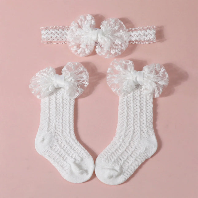 3-12M Newborn Baby Girls Socks Headband Set Cute Breathable Knit Bow Princess Dress Socks for Party, Wedding, Photography