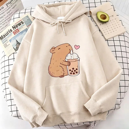 Funny Kawaii Bubble Tea Capybara Hoodie Women/Men Aesthetic Graphic Hoodies Unisex Autumn Winter Harajuku Pullovers Sweatshirts