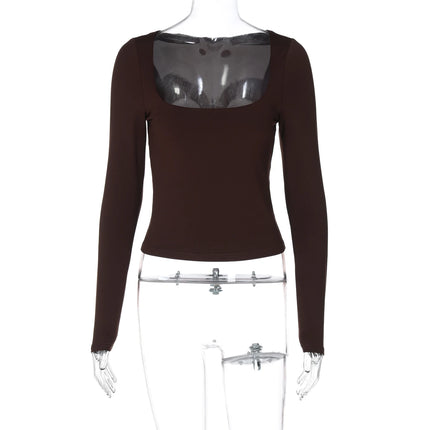 Dulzura Autumn Fashion Sexy Square Collar Long Sleeve Slim T-Shirt Women's Solid Casual Top Party Club Street Clothes Wholesale