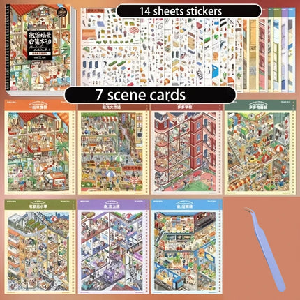 Mr.Paper 1 Book + 1 Tweezer 9.0 Miniature Scene Diorama Sticker Book, Cartoon House DIY Stress Relief Stickers for Journal