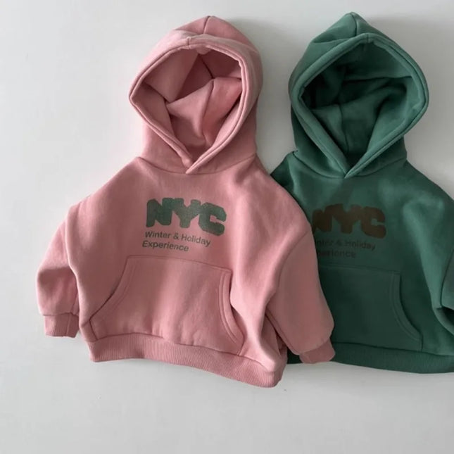 2025 Autumn New Children Long Sleeve Casual Sweatshirt Boys Girls Fleece Hoodie Kids Letter Print Warm Hooded Tops Baby Clothes